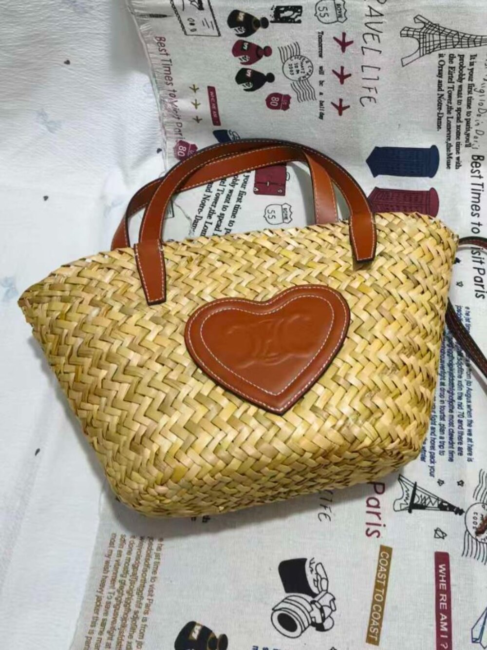 Celine Heart Logo Straw Basket Tote Bag Natural Brown Leather Handles
